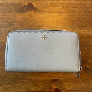 Tory Burch leather zip wallet in taupe